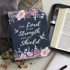 Durable PU Leather Bible Bag Organizer with Inspirational Bird & Flower Pattern, Pen Slot, Handle, Zipper Closure, Ideal for Church School Travel Outdoor Use