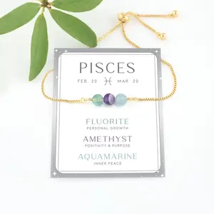 Dainty Pisces Birthstone Bracelet, Custom Zodiac Crystal Set Gift, Celestial Friendship Bracelet, Aquamarine Amethyst Fluorite Bead Bracelet