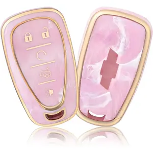 Key Fob Cover - Case for Chevrolet Equinox, Malibu, Camaro, Traverse - 5-Button Smart Key Protector, Pink/Pattern Random