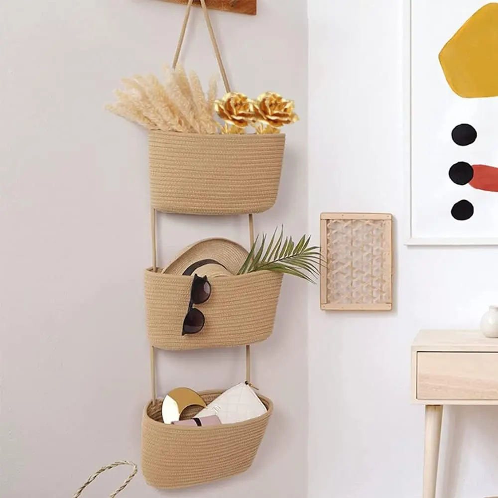 DULLEMELO Wall Baskets for Storage, 3-Tier Woven Cotton Hanging Baskets for Organizing, Jute Wall Hanging Baskets with Door Hooks, Over The Door Basket