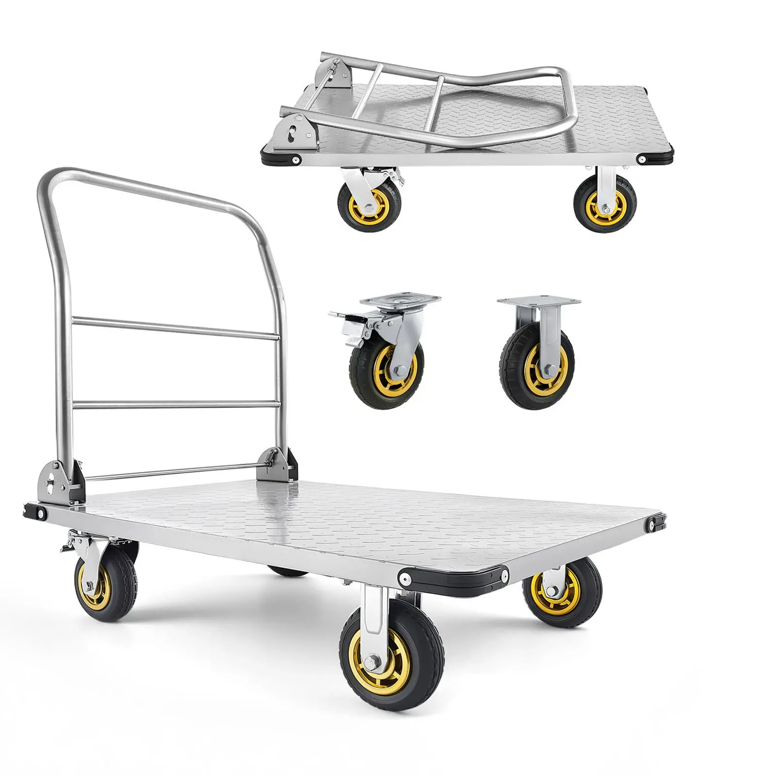 VEVOR Heavy-Duty Steel Collapsible Foldable Wagon Platform Truck, 2000 lbs Capacity, Swivel Wheels, Handle, 35.4x23.6x35.4 in Hand Push Cart for Garage, Warehouse