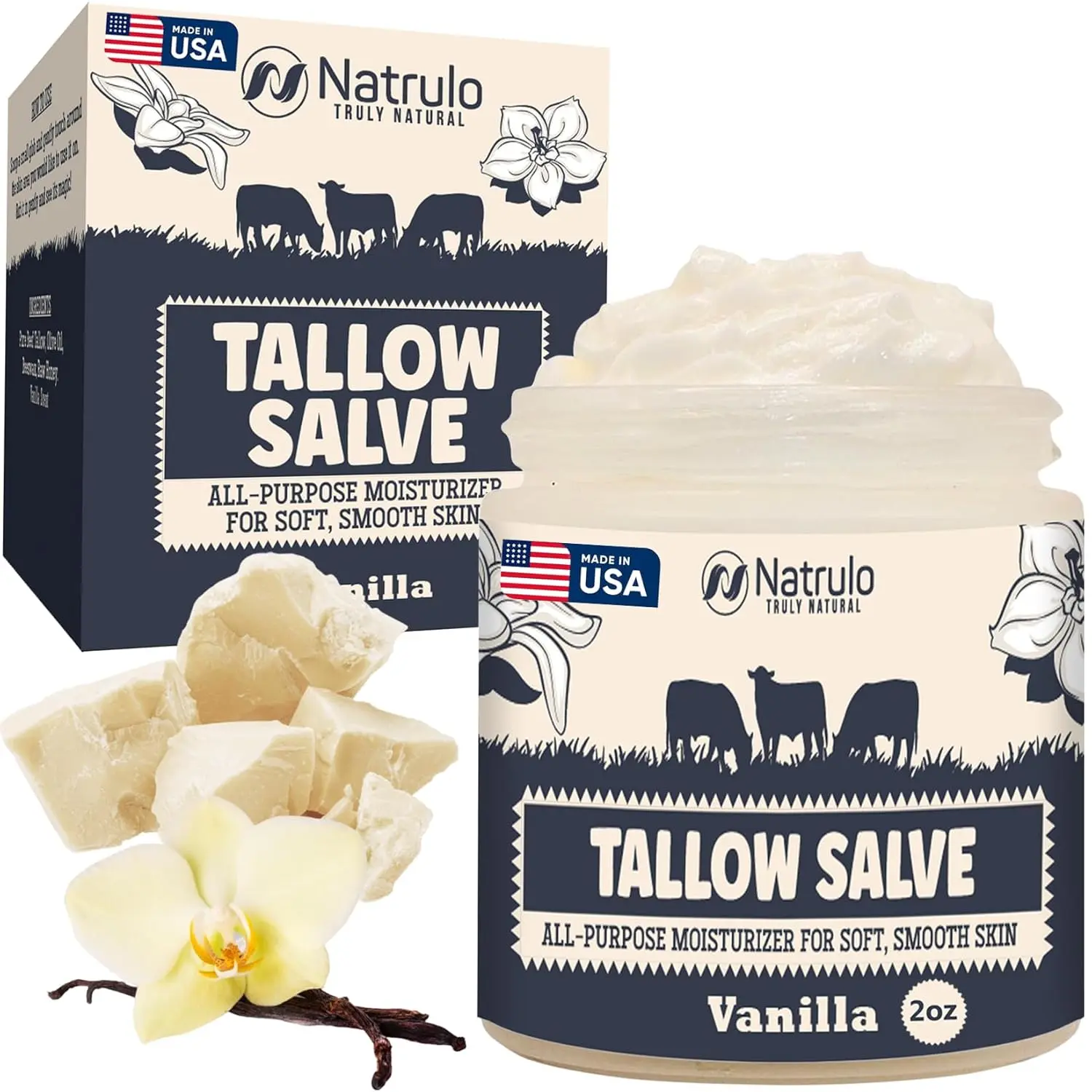 Natrulo Vanilla Tallow Salve - All Natural Grass Fed Beef Tallow & Honey All Purpose Balm for Dry Irritated Skin - Moisturizing Body Salve - Made in USA - 2oz