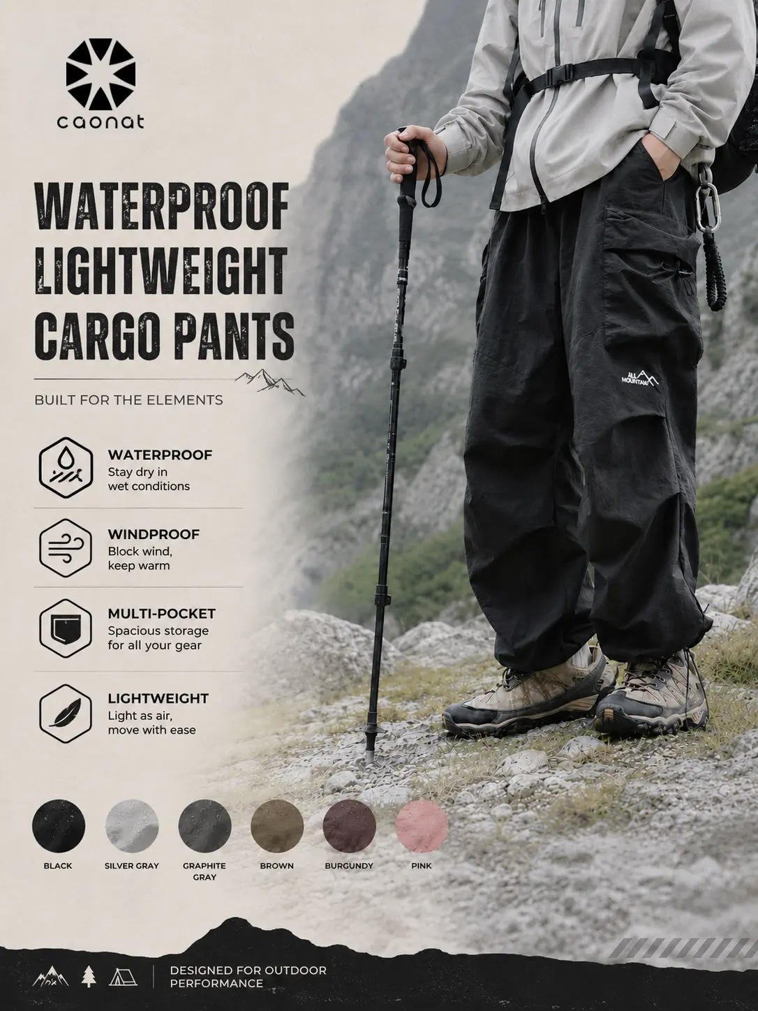 Black Loose-Fit Baggy Cargo Pants for Men, Lightweight Water-Resistant Parachute Trousers with Elastic Waist and Pockets for Gorpcore Streetwear, Fashion Apparel