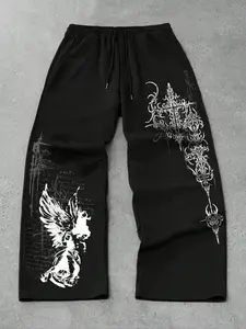 Unisex Angel Cross Thorn Print Wide Leg Pants, Graphic Pants, Gothic High Street Loose Drawstring Long Trousers, Casual Streetwear for All Seasons, Casual Fashion Loose