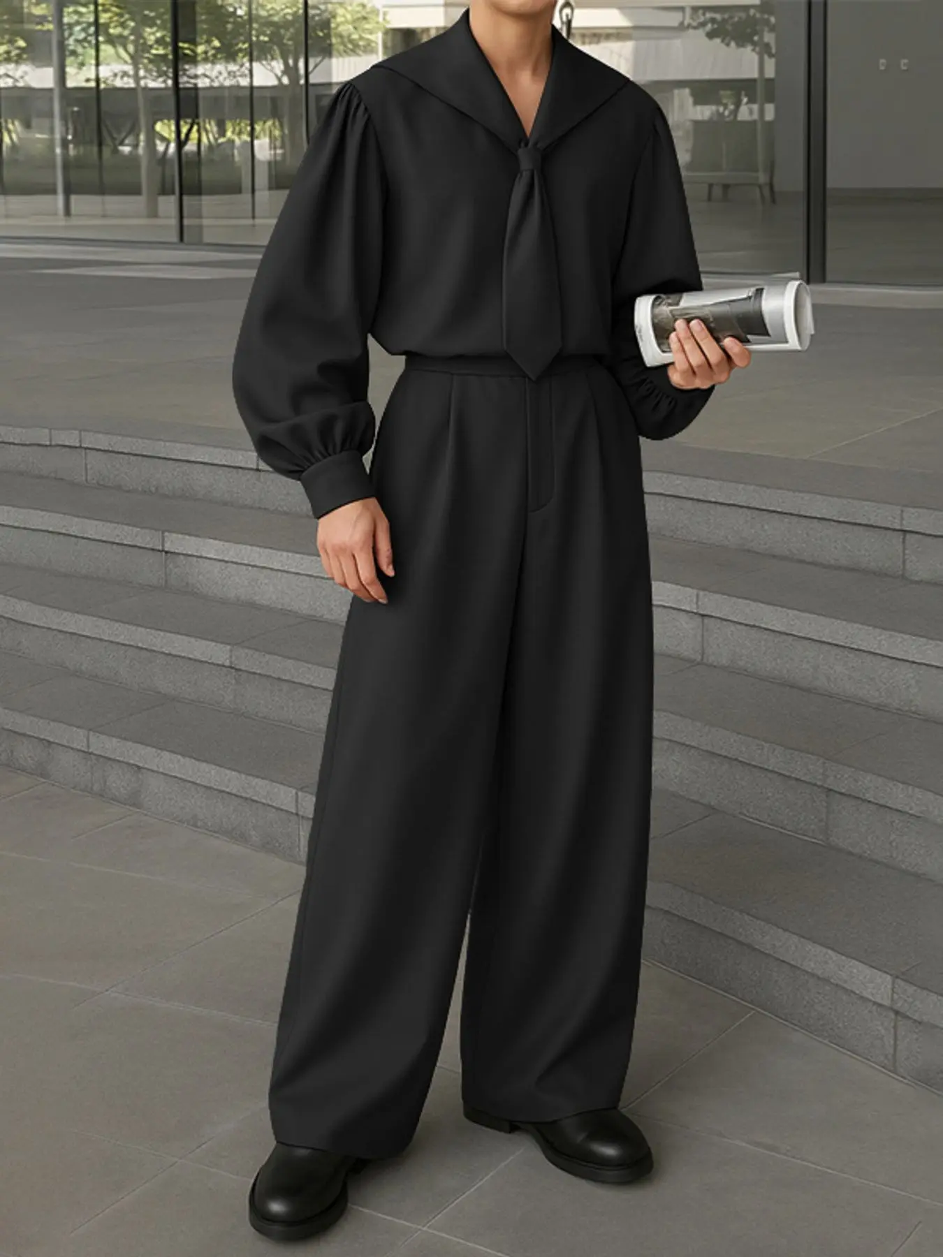 INCERUN Men's Solid Color Simple Casual Set Clothes, Menswear, Fabric, Navy Collar Long Sleeve T-Shirt + Wide Leg Pants Design, Suitable for Daily, Travel, Parties