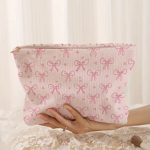 Bow & Heart Pattern Corduroy Makeup Bag, Handheld Cosmetic Pouch, Makeup Organizer Pouch, Lightweight Portable Toiletry Bag, Multi-functional Storage Bag, Travel Makeup Bag, Cosmetic Bags, Suitable for Leisure Travel and Various Occasions
