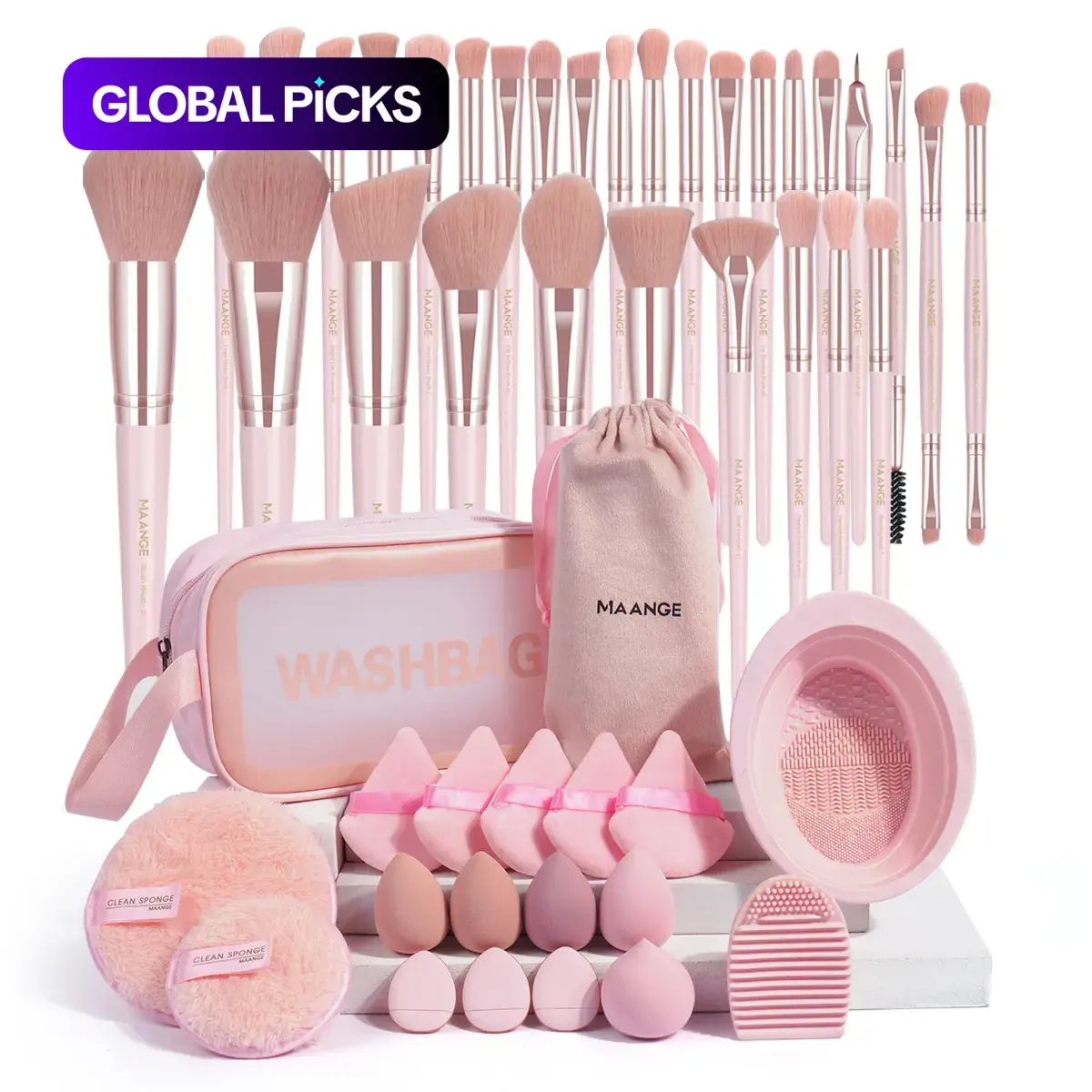 MAANGE 49-Piece Makeup Tool Set with Storage Bag, Organizer Pouch, Soft Brushes, Blending Brush, Foundation Brush, Beauty Sponges, Powder Puffs, Face Washing Puffs, and Brush Cleaning Mat for Beginners #GLOBAL PICKS