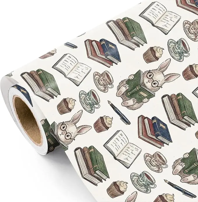 WRAPAHOLIC Bunny Wrapping Paper Roll - Mini Roll - 17 Inch x 16.5 Feet - Cute Rabbit and Pink Bow Wrapping Paper for Girls Birthday, Baby Shower, Wedding, Easter, Spring Party