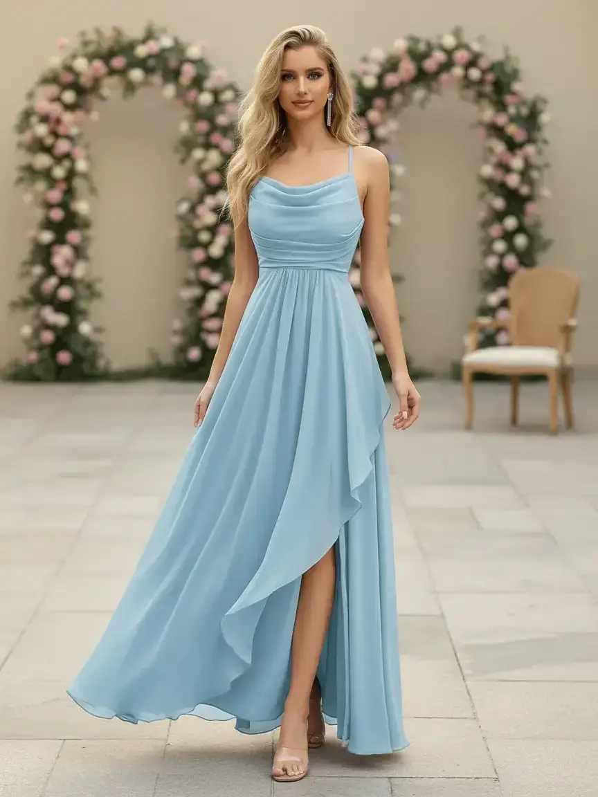 Elegant Light Blue Spaghetti Strap Bridesmaid Dress Ruched High Slit Formal Evening Gown for Wedding Party A-line Maxi Skirt Chiffon Fabric - Womenswear