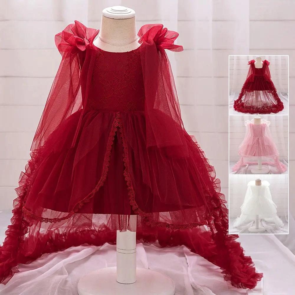(New) Dark Pink Mesh Lace Trailing Princess Dress for Baby Girls (6-9m,12-18m,2-3y) - 131 Anniversary, Birthday, Baptism Pageant Cocktail Frock Gown, 12-18M (12-18 Months), 2-3Y (2-3 Years)