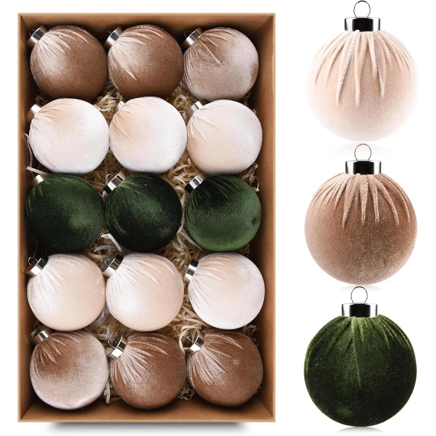 Christmas Tree Ornaments Velvet Balls - Pack of 15pcs Shatterproof Xmas Bulbs Decorations Set - Multicolor Green Brown Neutral, 80mm 3.15 inch