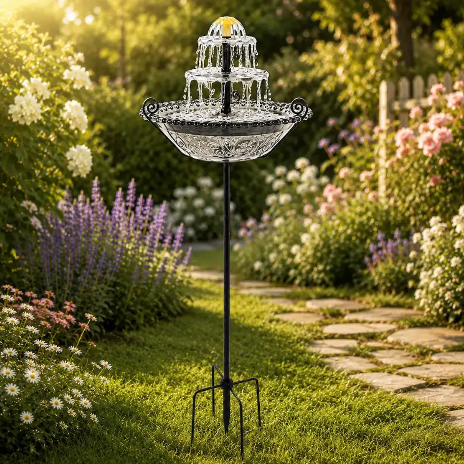 Solar Water Fountain - Tiered Glass Solar Bird Bath with Stake & Stand, Hummingbird Waterer, Garden Patio Lawn Decor (Home Improvement, Garden & Beekeeping Supplies)