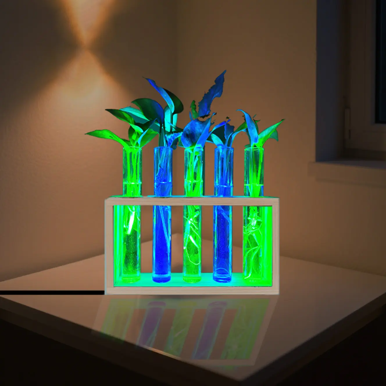 Ambient Lighting Multifunctional Hydroponic Glass Tube LED Plant Growth Light - Blue-Green Spectrum, USB-Powered LED Lighting, Wooden Glass Garden Pots & Planters, Color-Changing Home Decor (1 Set)
