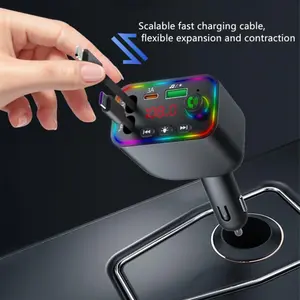 Fast Car Charger with Bluetooth-compatible 5.3, USB-PD Adapter, Wireless Mp3 Player, Retractable Cable, 3.1a Voltage Detection for Android Phones, Multifunctional Charger