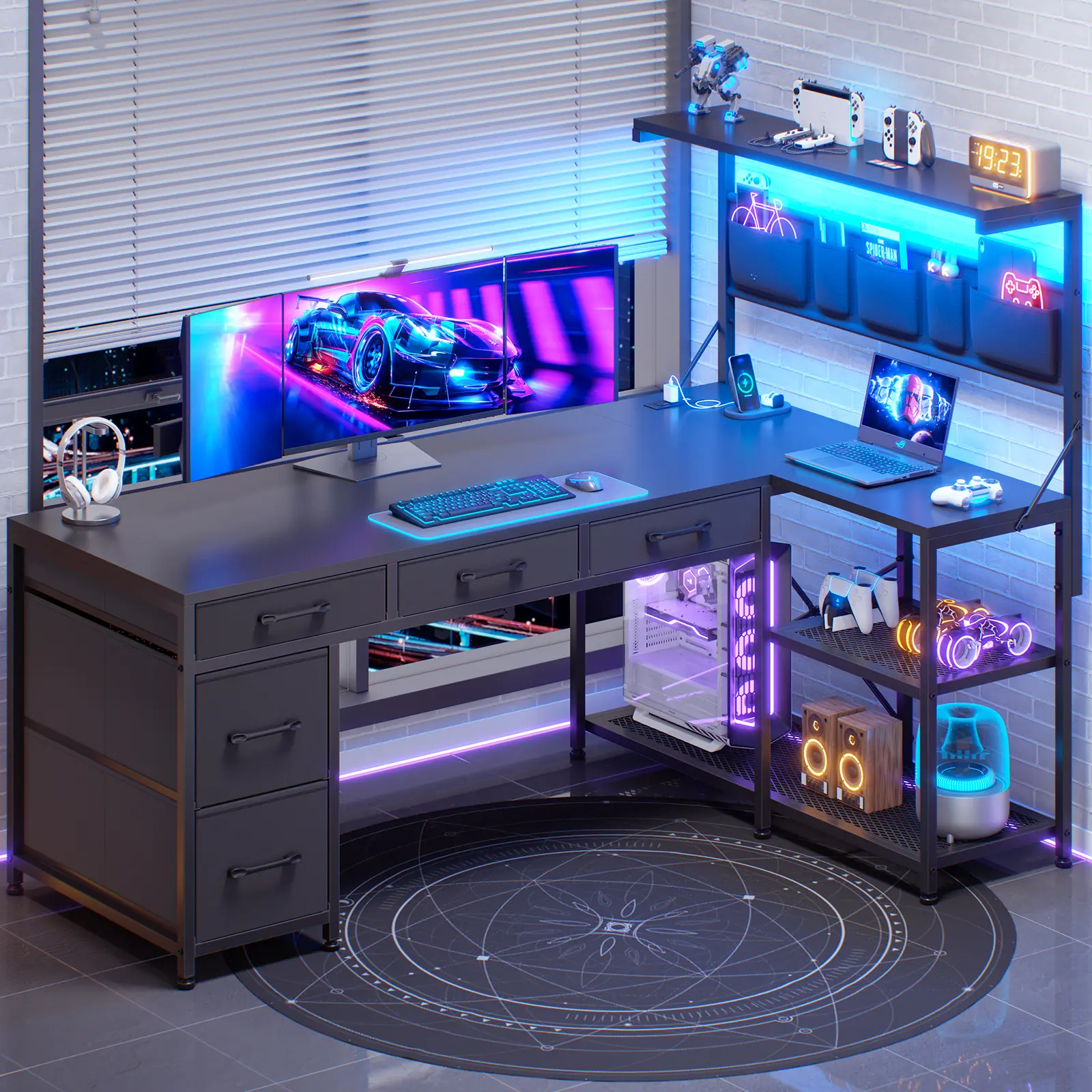 Sedeta Modern L-Shaped Corner Gaming Desk - 47.2" Reversible, 5 Drawers, LED Lights, Power Outlet, Desks for Gaming, Office/Commercial Furniture for Computers & Headphones, Corner Desks
