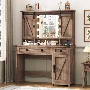 SIKAIC Brown Rustic Makeup Vanity with LED Mirror and Sliding Barn Doors - Dressing Table with Lights for Bedroom, Home Decor, Aesthetic Room Decor