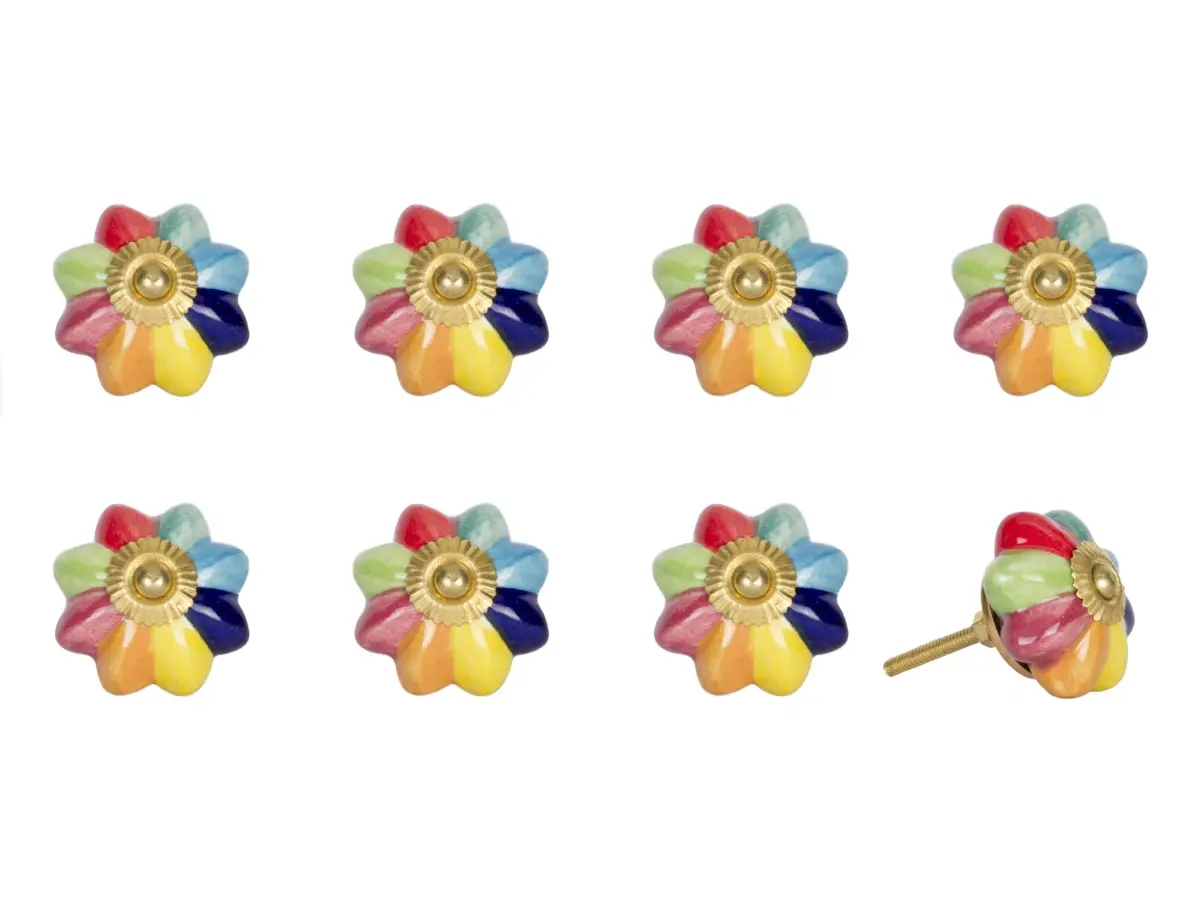 HomeRoots 544426 Flower Cabinet Knobs - Set of 8, 1.5x1.5in Blue-Green Ceramic-Metal, Hand-Painted Artisan-Made Decorative Indoor Drawer Pulls for Furniture Upgrade