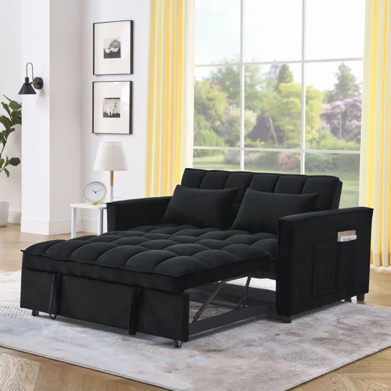 High end and high-quality new style sofa,Sleeper Sofa, Convertible Sofa, Recliner, Bed, 3-in-1, 3-Position Adjustable Backrest, 2-Seater Sectional, Two Side Pockets, 2 Pillows for Living Room, Apartment, etc., Velvet Black 54" Wide.