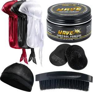 STRONG HOLD-360 Wave Training Kit for Men Goiple Pomade Curved Brush Durag Cap Set Strong Hold Easy Wash Moisture Shine for Silky Waves Men's Hair Care Synthetic Comfort curl