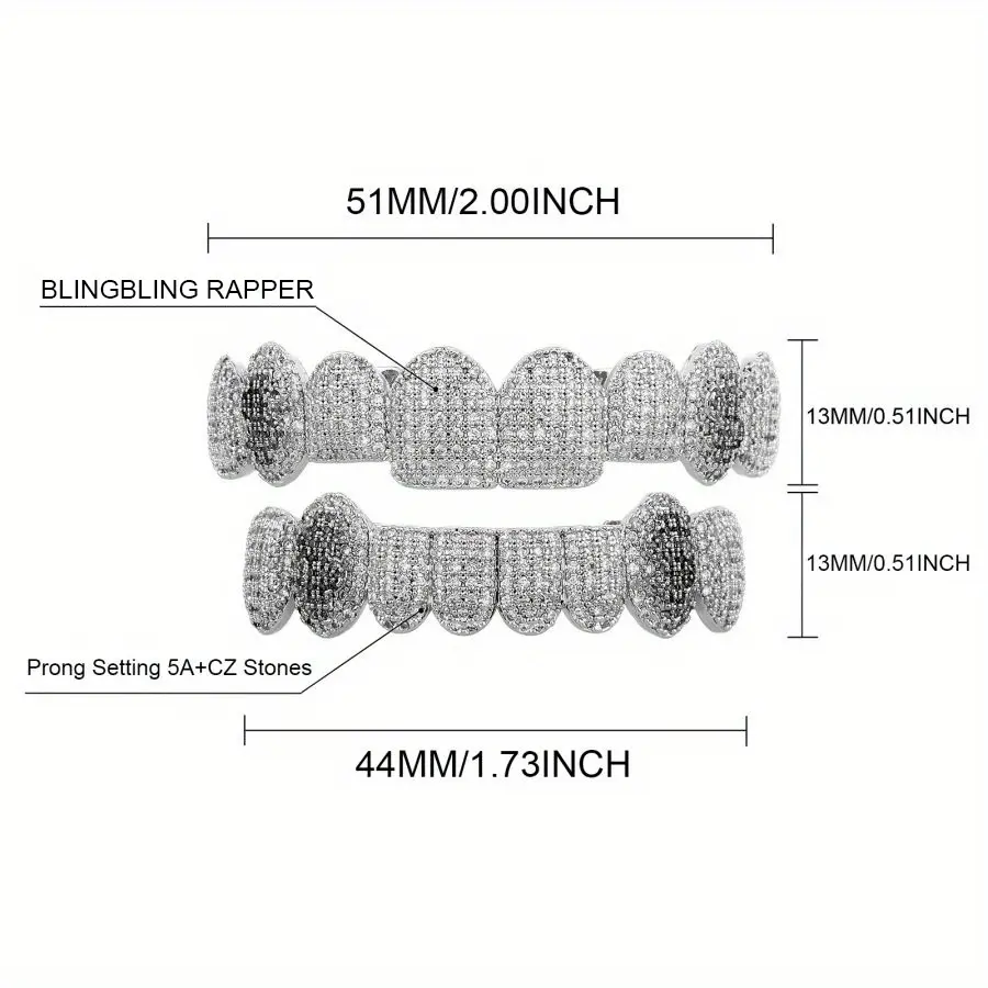 Cubic Zirconia Tooth Gem 16-Tooth Top & Bottom Set, Punk Hip Hop Rapper Jewelry, Party Wear Cosplay Body Accessory for Men, Punk Style, 16-Tooth Set