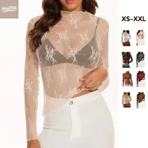 YeeZaa Lace Mesh Floral Boho Tops for Women 2026 Spring Summer Long Sleeve Blouse Sheer Mock Neck Layering Bolero Shrug See Through Cropped Y2K Going Out Tops Fit Elegant Curvy Casual summerwins