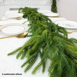 70.8 Inch Norfolk Pine Vine Garland Real Touch Artificial Plants for Stairs Fireplace Patio Indoor Outdoor Pre-Lit Green Decorative Items 3 Combination Effects