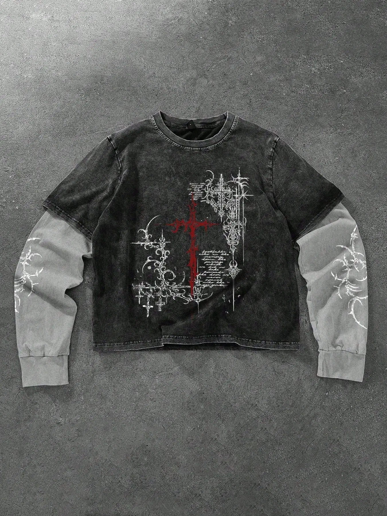 Unisex Washed Cross Thorn Long Sleeve Aesthetic Graphic Tee T-Shirt, Gothic High Street Casual Loose Fit Short Top, Couple Fall Streetwear Trendy Vibe