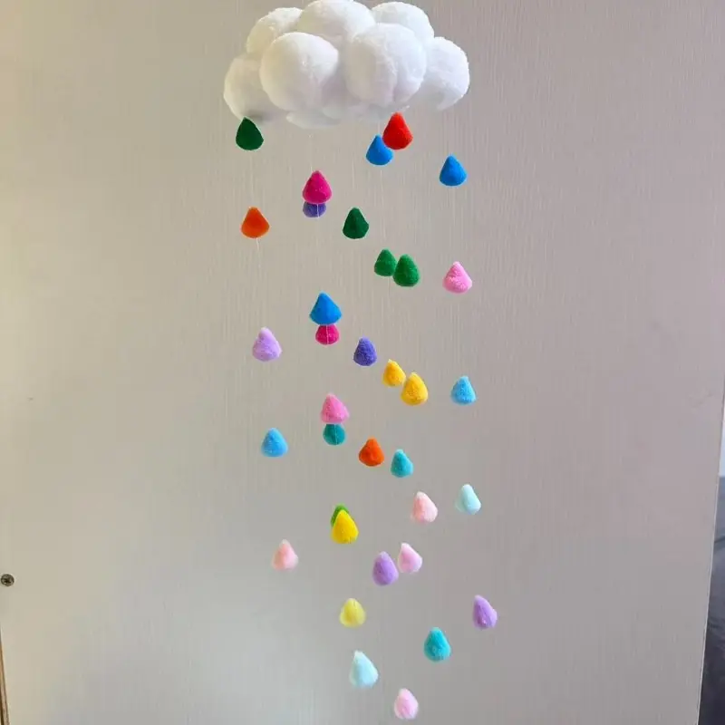 Handmade Colorful Raindrop Cloud Wind Chime, Romantic Fuzzy Ball Decorative Hanging Decor, Cure-Style Decoration for Room Garden Balcony, Holiday Birthday Gift, Garden Accessories