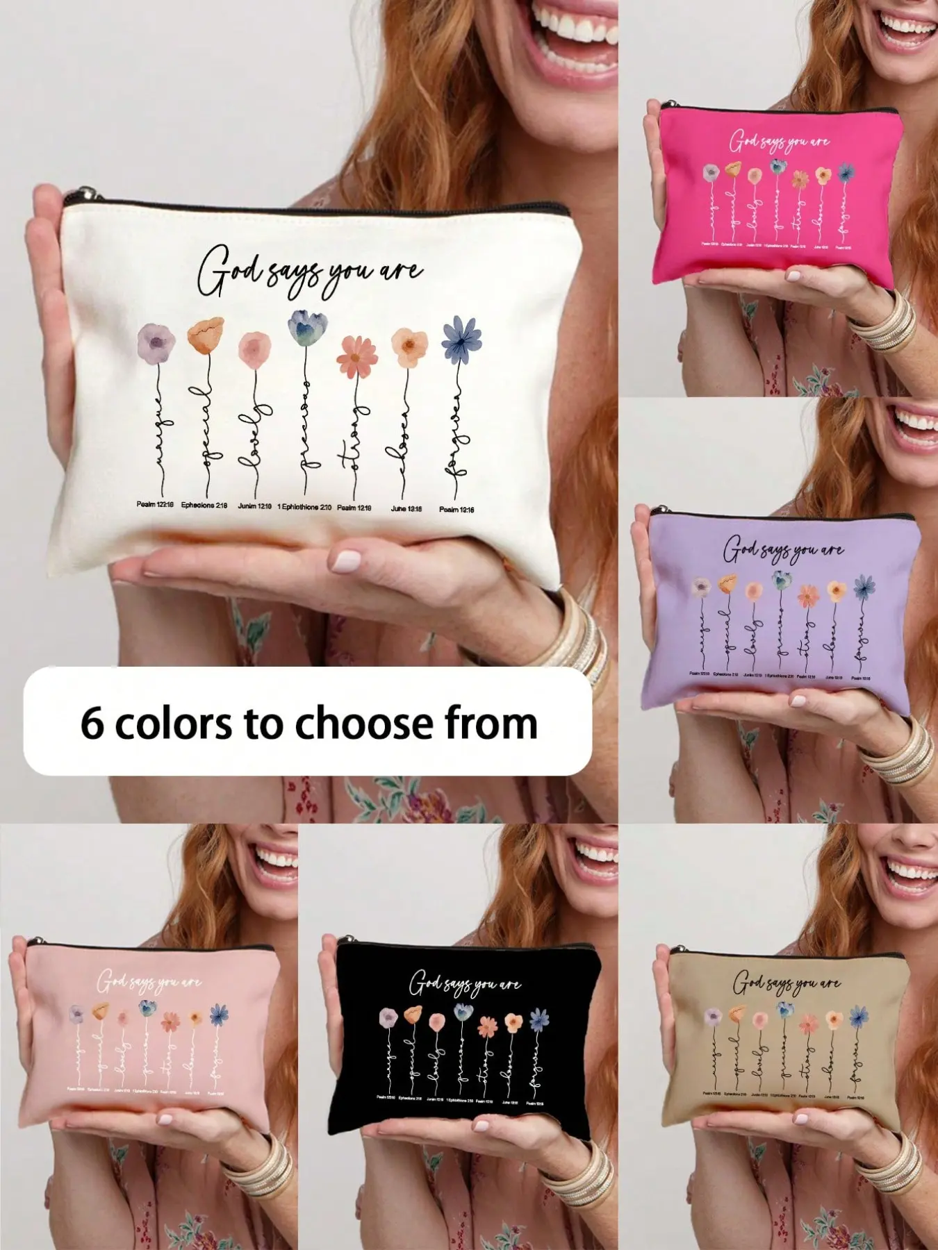 A large inspirational Christian makeup bag, zippered cosmetic storage bag, 'God Says You Are' religious makeup bag, decorated with motivational floral patterns and Bible verses, perfect gift for women, portable zippered cosmetic storage bag
