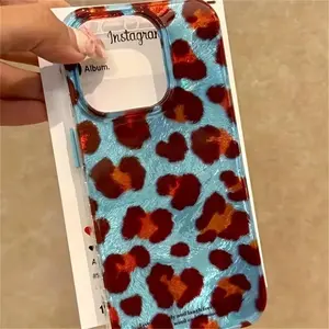 Vintage Leopard Print Phone Case for Apple iPhone 11-17 Pro Max, High-Quality Blue Background Design, Stylish Protective Cover, Casing, Protector, Accessories, Phone Accessory Compatible, Smartphone, Cellphone