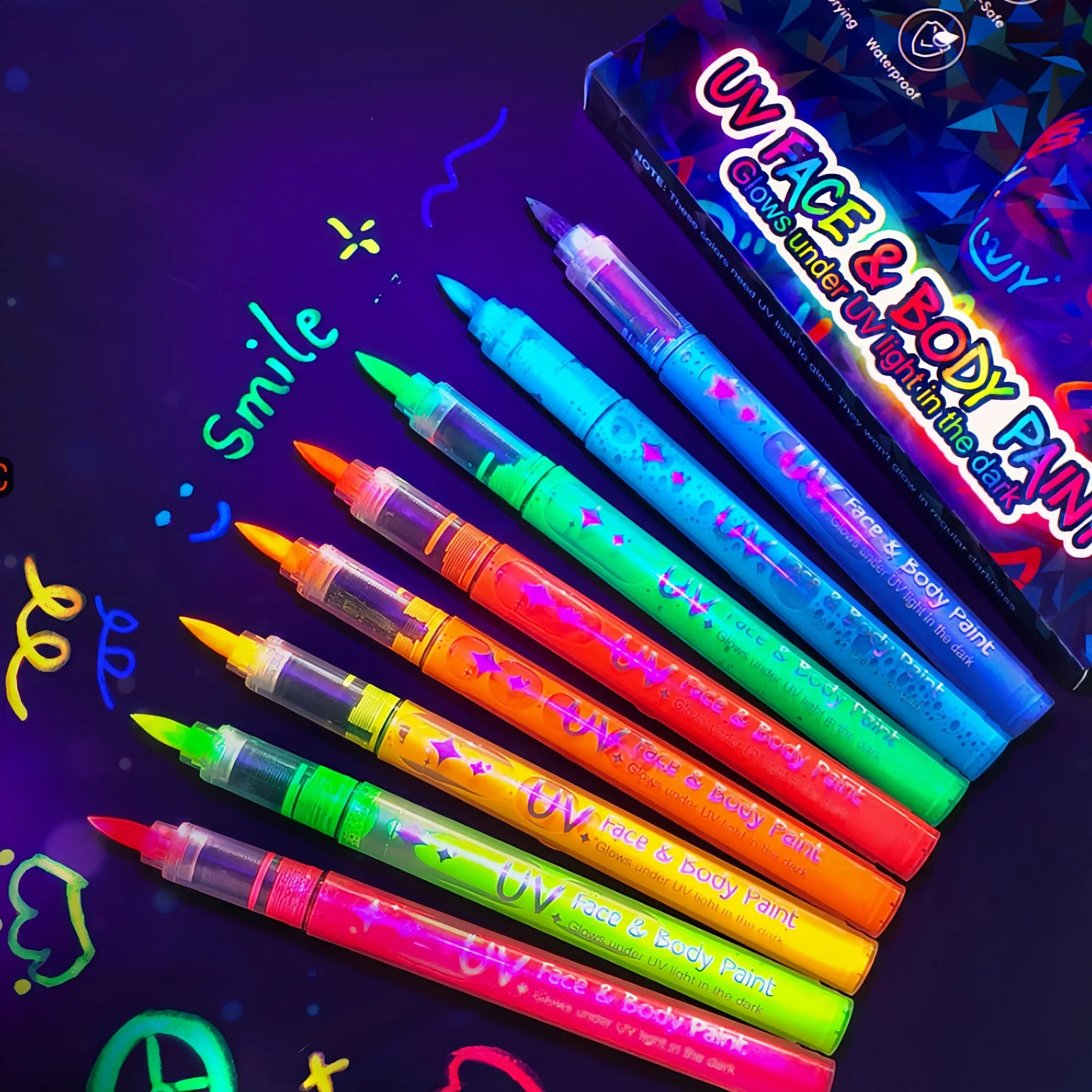 Glow in The Dark Body Paint Markers, 8/12/18 Colors UV Blacklight Face & Body Painting Pens, Washable Neon Paint for Halloween, Party, Cosplay, Club, UV Glow Effect, Luminous Body
