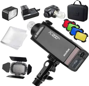 GODOX AD200 Pro AD200Pro with BD-07 Barn Door Honeycomb Grid 4 Color Filter Kit, 200W 2.4G Flash Strobe, 1/8000 HSS, 500 Full Power Flashes, 0.01-2.1s Recycling, 2900mAh Battery