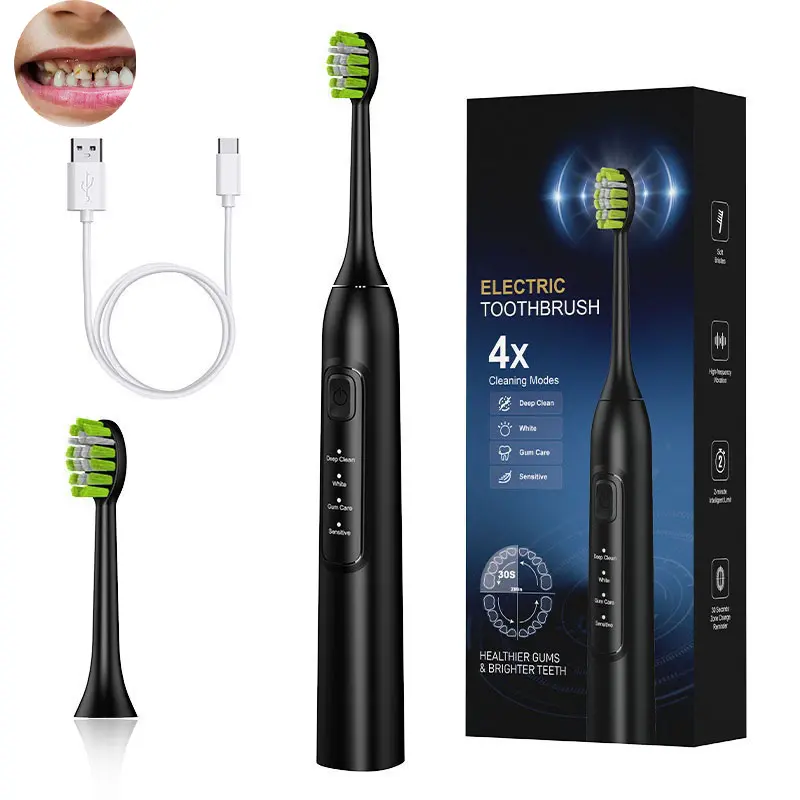 Rechargeable Electric Toothbrush for Adults - 4 Modes, Smart Timer, Waterproof Handle, 2 Replaceable Brush Heads, Deep Cleansing, Brush Evenly, Ideal Beauty Products Gift (Black), Sensitive Areas, Personal Use