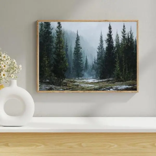 Vintage Winter Forest Print - Christmas Wall Art - Rustic Snowy Landscape Poster