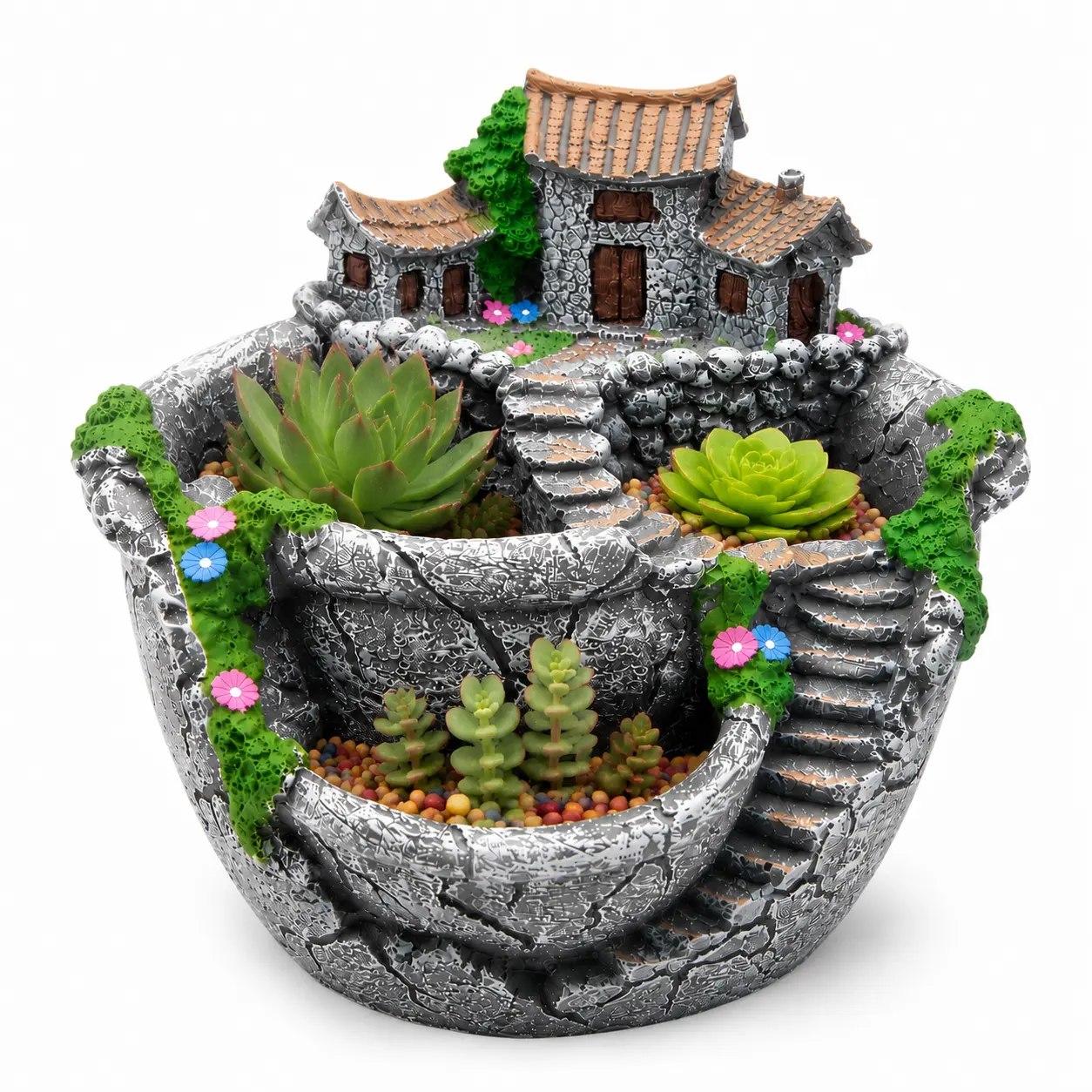 Fairy Garden Planter with Fairy House | Resin Succulent Flower Pot | Mini Village Planter for Indoor Outdoor Garden Decor | Cute Gift for Plant Lovers