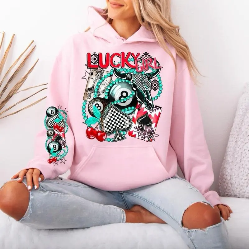 Lucky Girl Gildan hooded Sweatshirt with Sleeve design unisex sizing womenswear comfortable soft Casual Pullover Tops Fabric Pocket Spandex Cotton hoodie