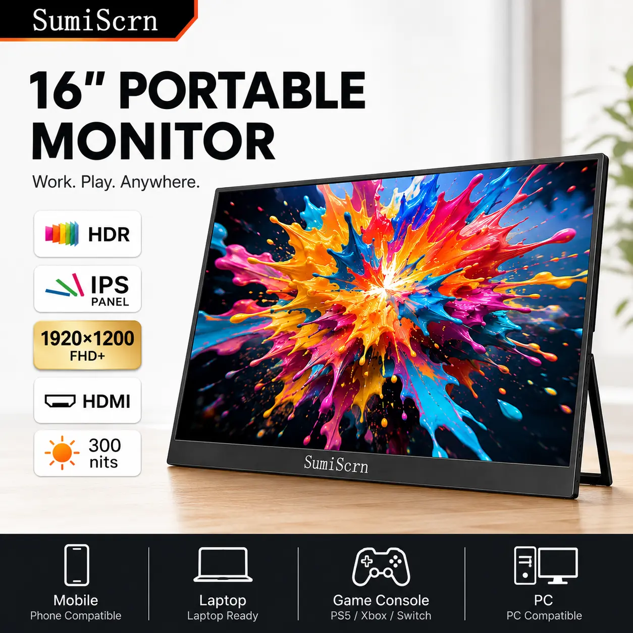 SumiScrn Portable Monitor 16" 1200p Fhd Ips Monitor, HDR Hdmi Display, Ultra-Slim, Plug&Play for Laptop PC Mac Xbox PS4/5, Gaming