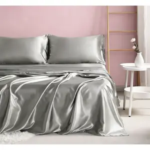 HTA  4-Piece Silky Satin Bedding Set with Natural Sheen, Breathable Soft & Skin-Friendly, Frictionless & Ultra Cool for a Luxurious Silky Experience
