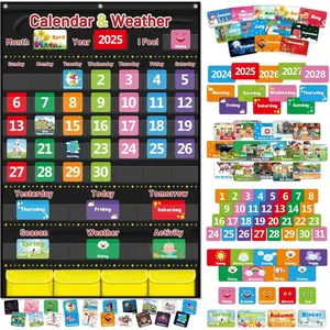 Calendar and Weather Pocket Chart for Kids Learning, Large 44.5"x28" Homeschooling Calendar Pocket Chart with 113 Cards, Teacher and Back to School Supplies