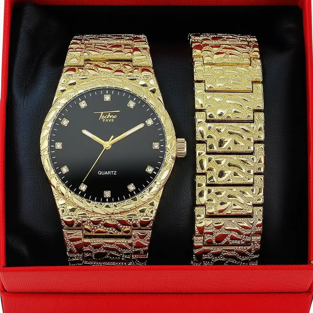 MaxBling81 Men's Hip-Hop Look Watch and Bracelet Set in Gold Plated Metal with Golden Nugget Pattern, Adjustable Removable Links and Fold-Over Lock, Adjustable Links, Alloy, Round Face, Batteries, Stylish Watches, Alloy Metal, Casual Hip Hop, Quartz, Wate