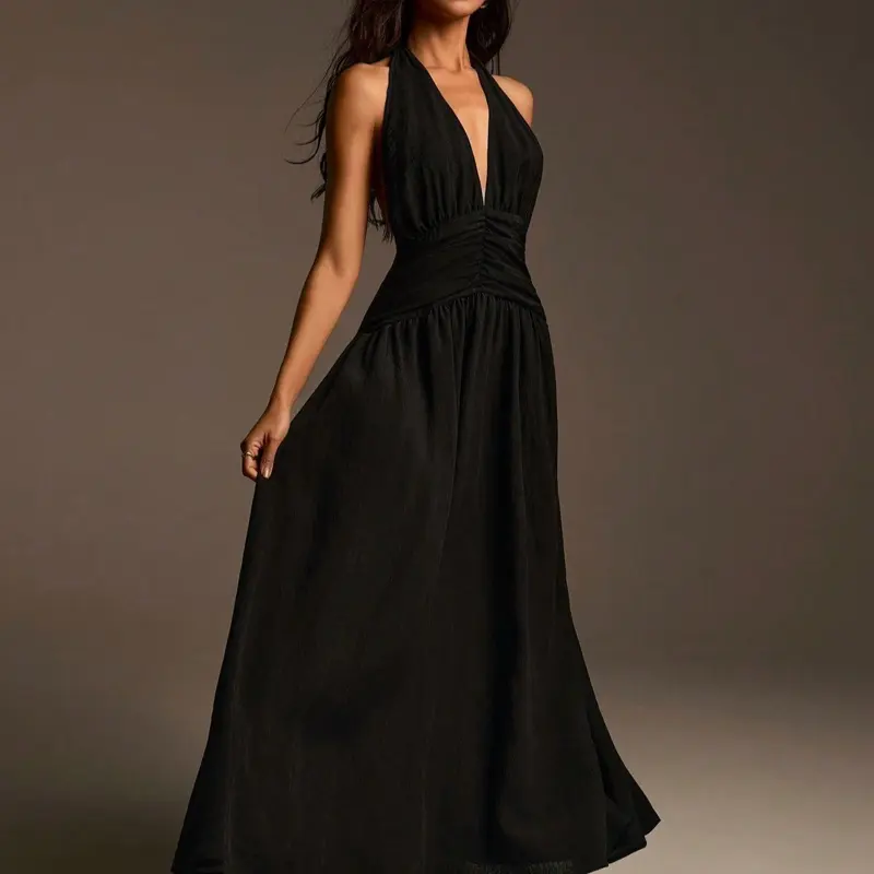 Black Halter Maxi Dress with Deep V Neckline and Flowy Skirt for Women size  s - TikTok Shop
