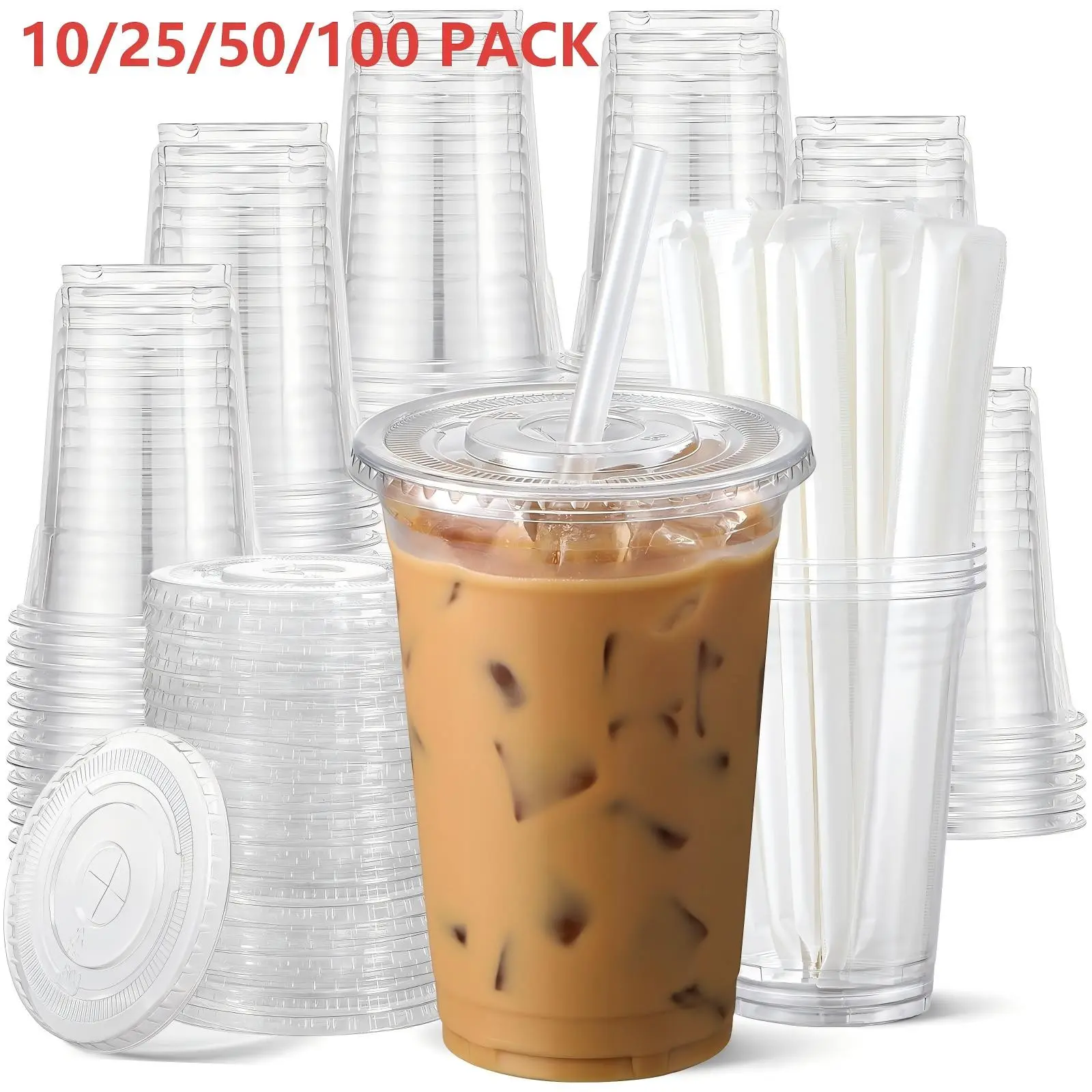 24oz Clear Plastic Cup with Lid and Straw, Durable Food-Safe Reusable Cup for Iced Coffee, Smoothies, and Cold Drinks, Cups Pack, Clear Cups with Lids and Straws