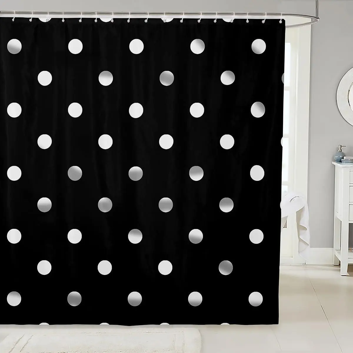 White Polka Dots Shower Curtains,Cute Dots Print Bathroom Curtain Adults,Geometric Circles Black White Simple Waterproof Bath Curtains with 12 Hooks Bathtub