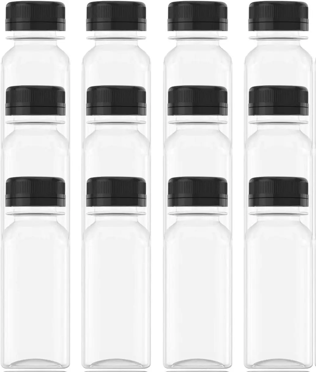 12 Pcs 2 OZ Mini Plastic Juice Bottles, Reusable Bulk Beverage Containers, Comes Black lid, for Juice, Milk and Other Beverages. Organiser Tin