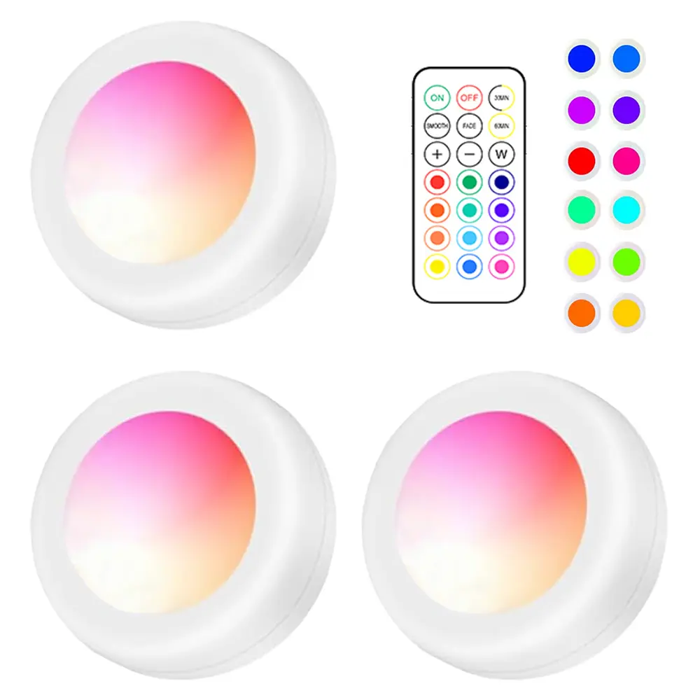 RGB Plastic LED Puck Lights - AA Battery-Operated, 1W Output, ABS, Dimmable, Remote Control, Adhesive Indoor Lighting for Kitchen, Wardrobe, Table Lamps, Book Lights, 13 Rgb Colors