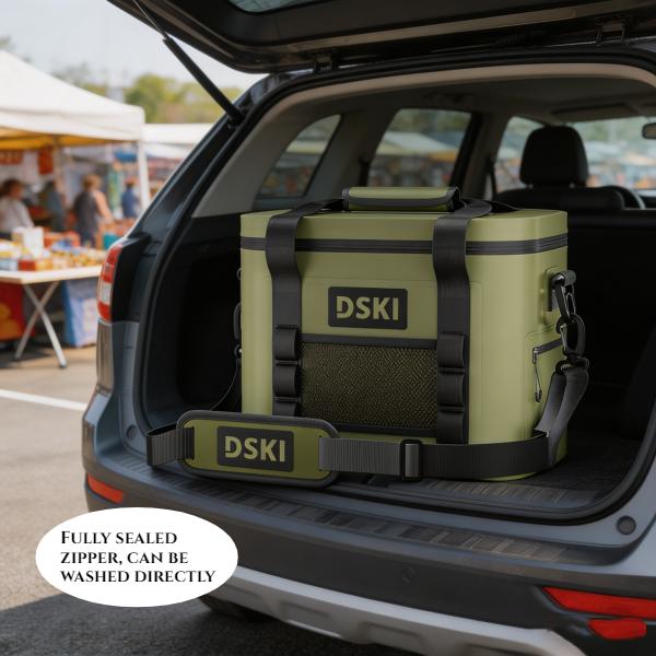 New outdoor cooler bag, lunch bag - grey/green, with insulation and refrigeration protection,large capacity of 30 cans/15 bottles, thick handle and adjustable shoulder strap,for party, camping, fishing, long-distance truck driver commuting, takeout etc.