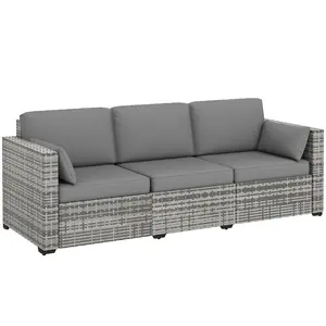 Outsunny 3-Seater PE Wicker Outdoor Patio Furniture Deep Seating Patio Couch with Removable Cushions, Rattan Outdoor Sofa for Balcony, Deck