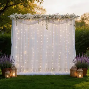 White Chiffon Draping Backdrop with String Lights 10 Panels 5x10ft, Soft Airy Fabric for Romantic Wedding Arch, Birthday, Anniversary, Glowing Home Decor
