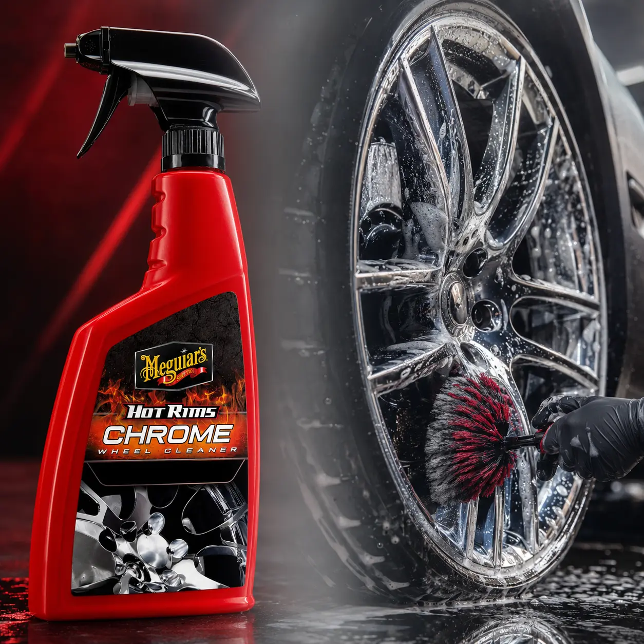 Meguiar's Hot Rims Chrome Wheel Cleaner, chrome wheel cleaner, brake dust remover, road residue, grit, grime, Xtreme Cling foam, vertical surfaces, mirror like shine, true chrome wheels, spray trigger, locking nozzle, easy rinse, car detailing, truck SUV