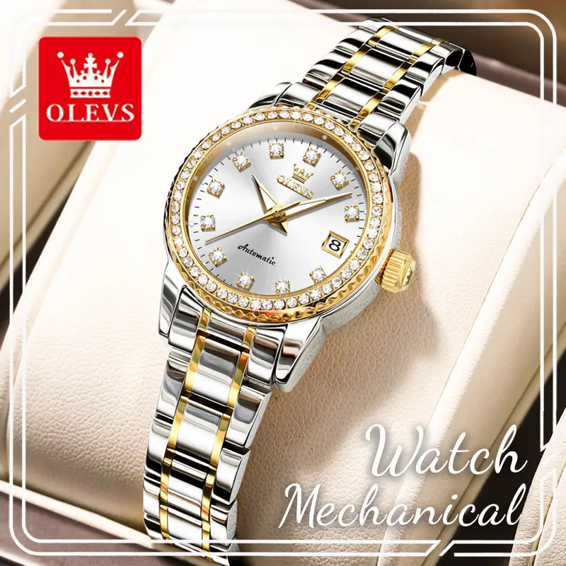 OLEVS 7003 Women's Premium Automatic Mechanical Fashion Watch - 29mm 2-Tone Rhinestone Stainless Steel Wristwatch Strap with Clasp, Silver Dial, Luminous Hands, Single Date, 3ATM Water Resistant, Mineral Glass, Accessories for Women, Female Wear Gift